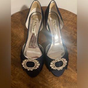 Nina Women's Corrine Navy Satin Open Toe Kitten Dress Heels